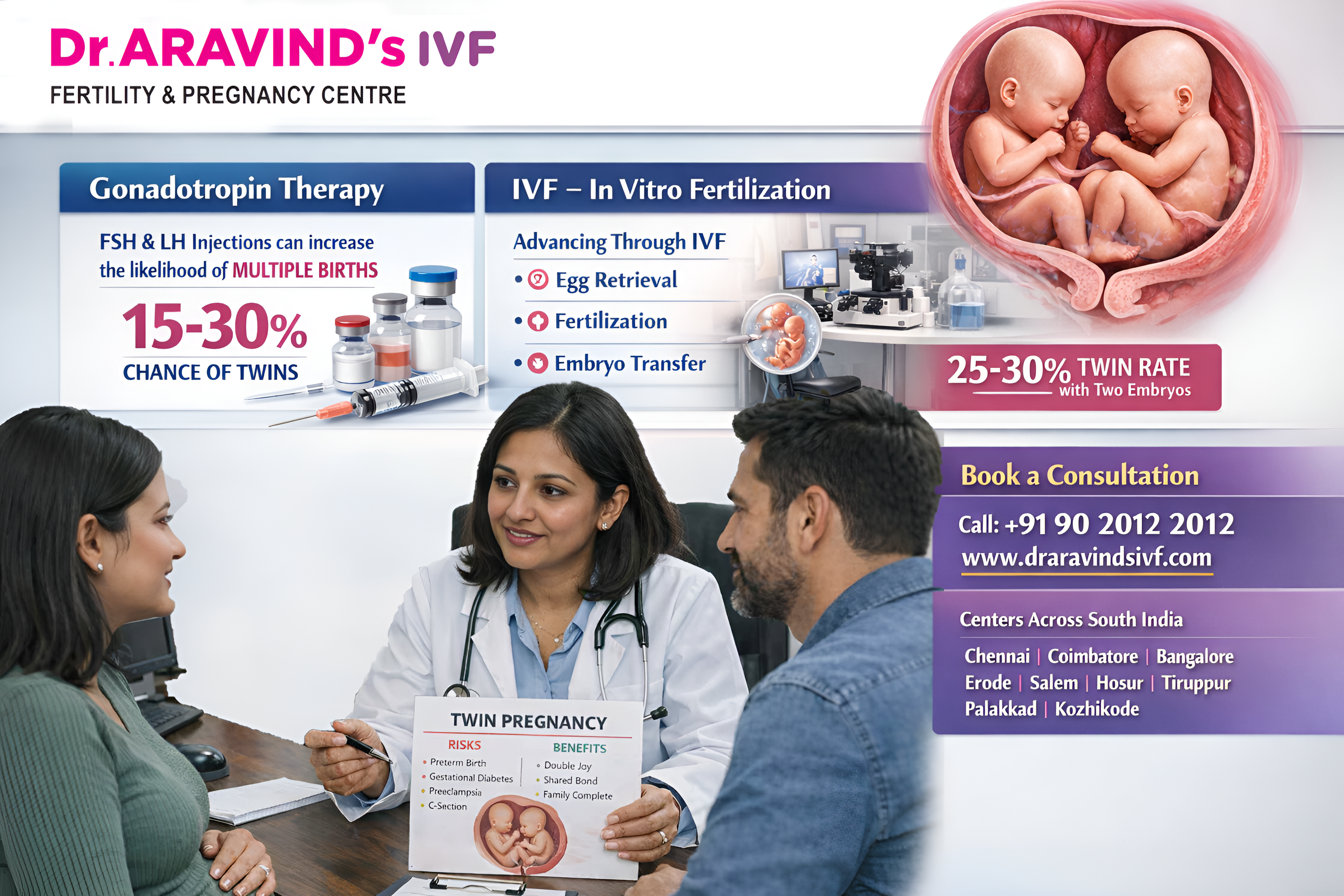 Doctor explaining twin pregnancy risks and benefits to couple