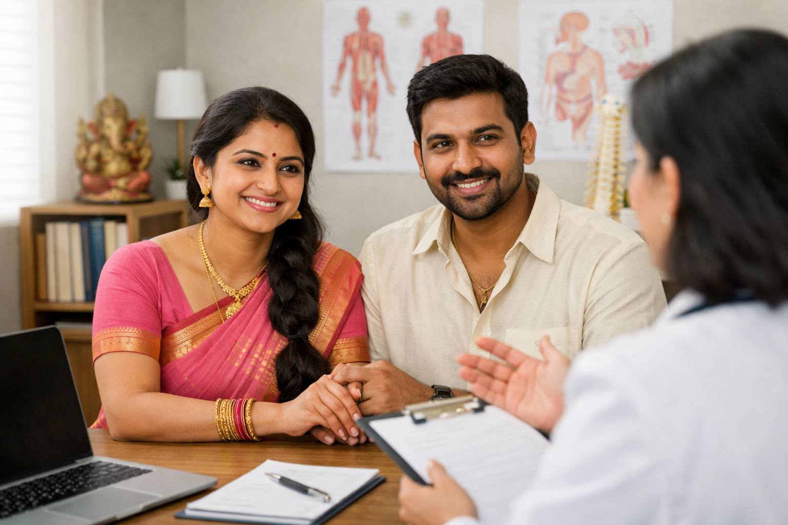 Doctor explaining fertility treatment plan to a couple in consultation room