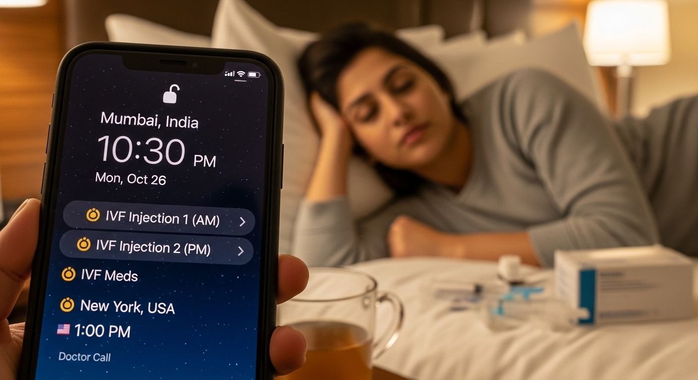 Setting alarm for IVF injection schedule across time zones