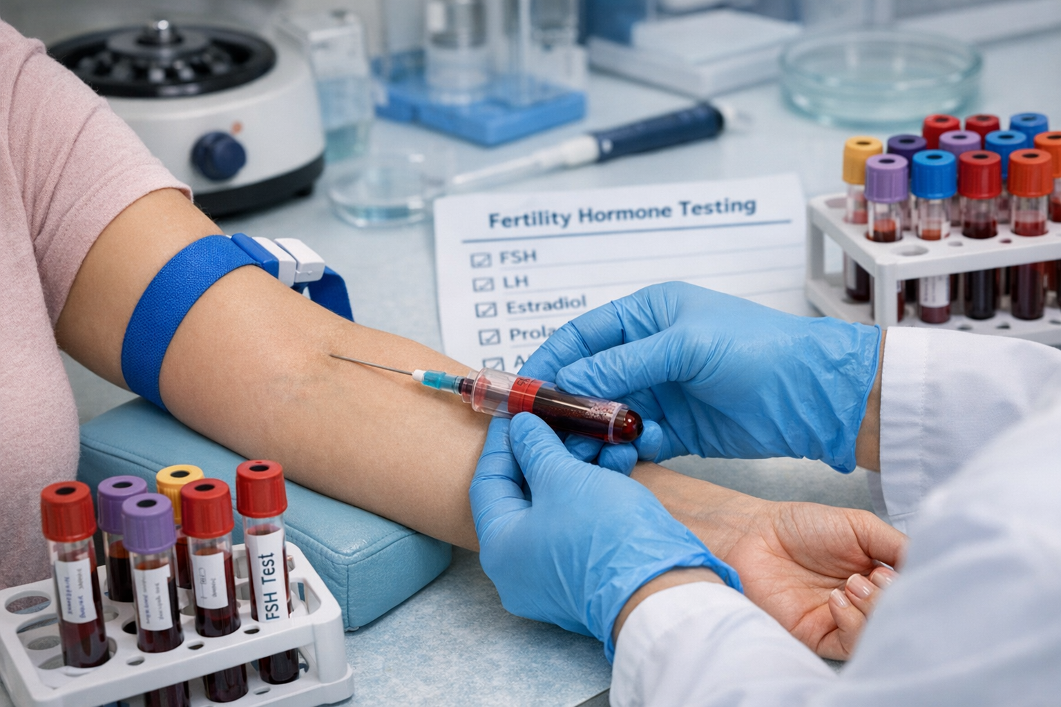 Blood sample collection for fertility hormone testing in lab