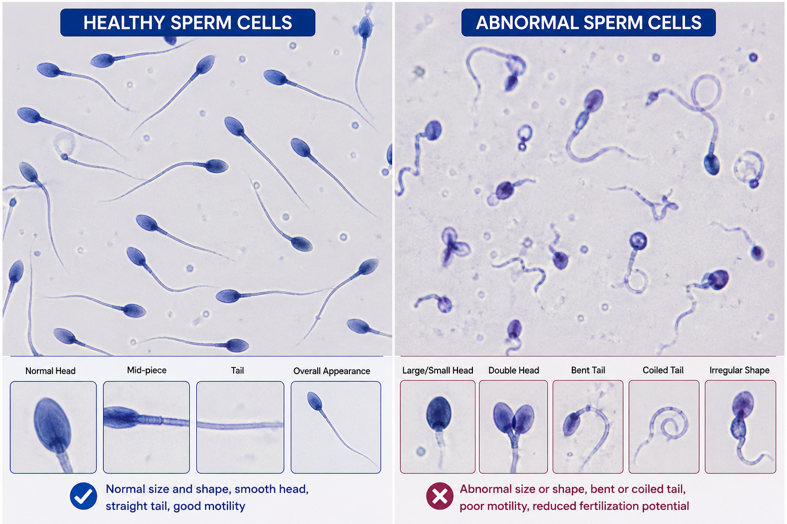 Microscopic view of healthy vs abnormal sperm cells