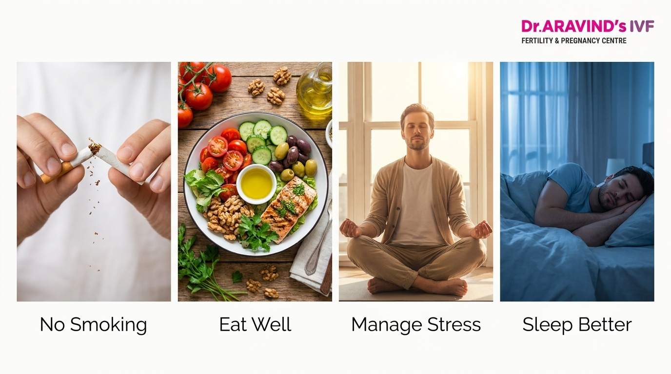 Lifestyle factors affecting male fertility including smoking, diet, stress and sleep — male infertility causes Chennai