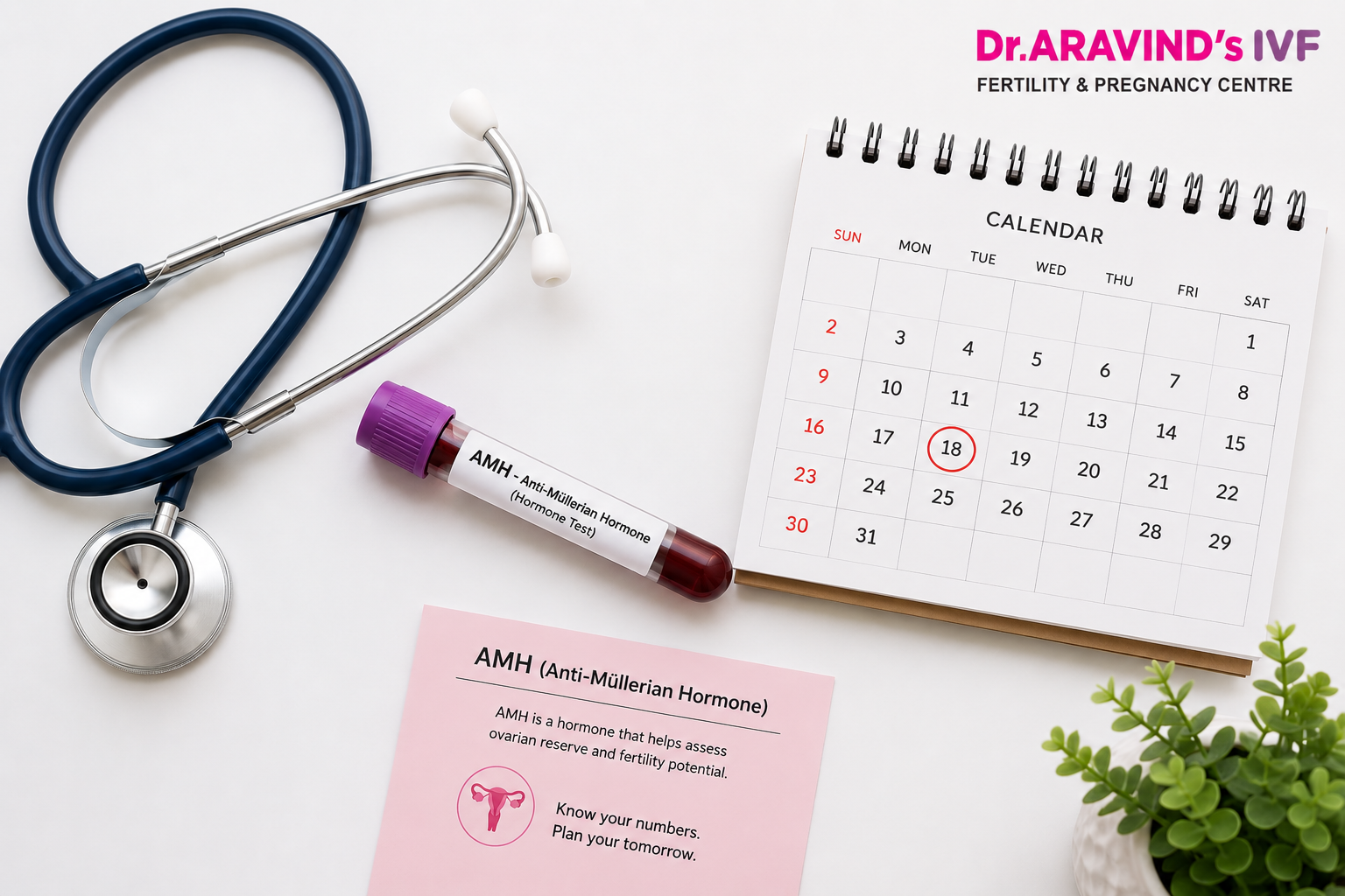 AMH fertility test tools including stethoscope, hormone test tube, and calendar on white background