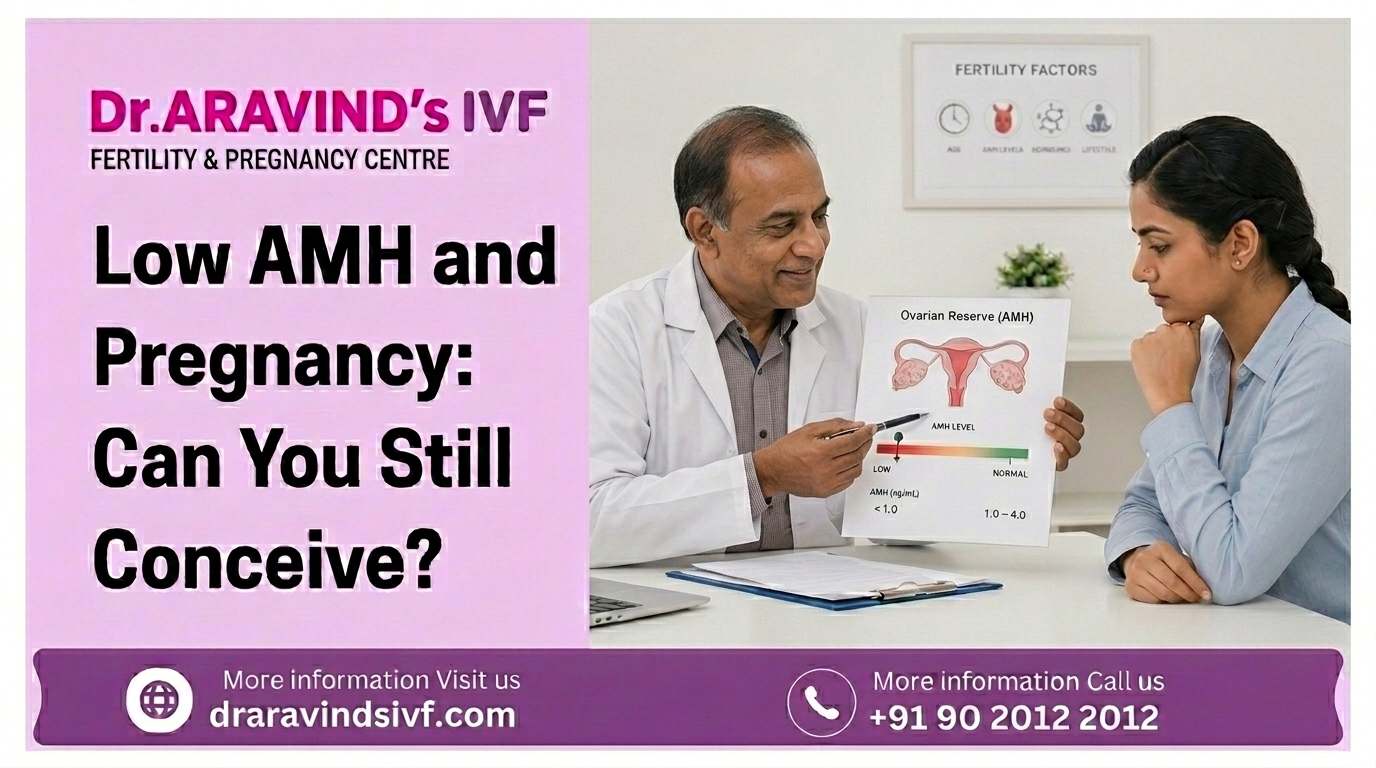 Fertility doctor explaining low AMH levels and pregnancy chances during consultation with patient in IVF clinic