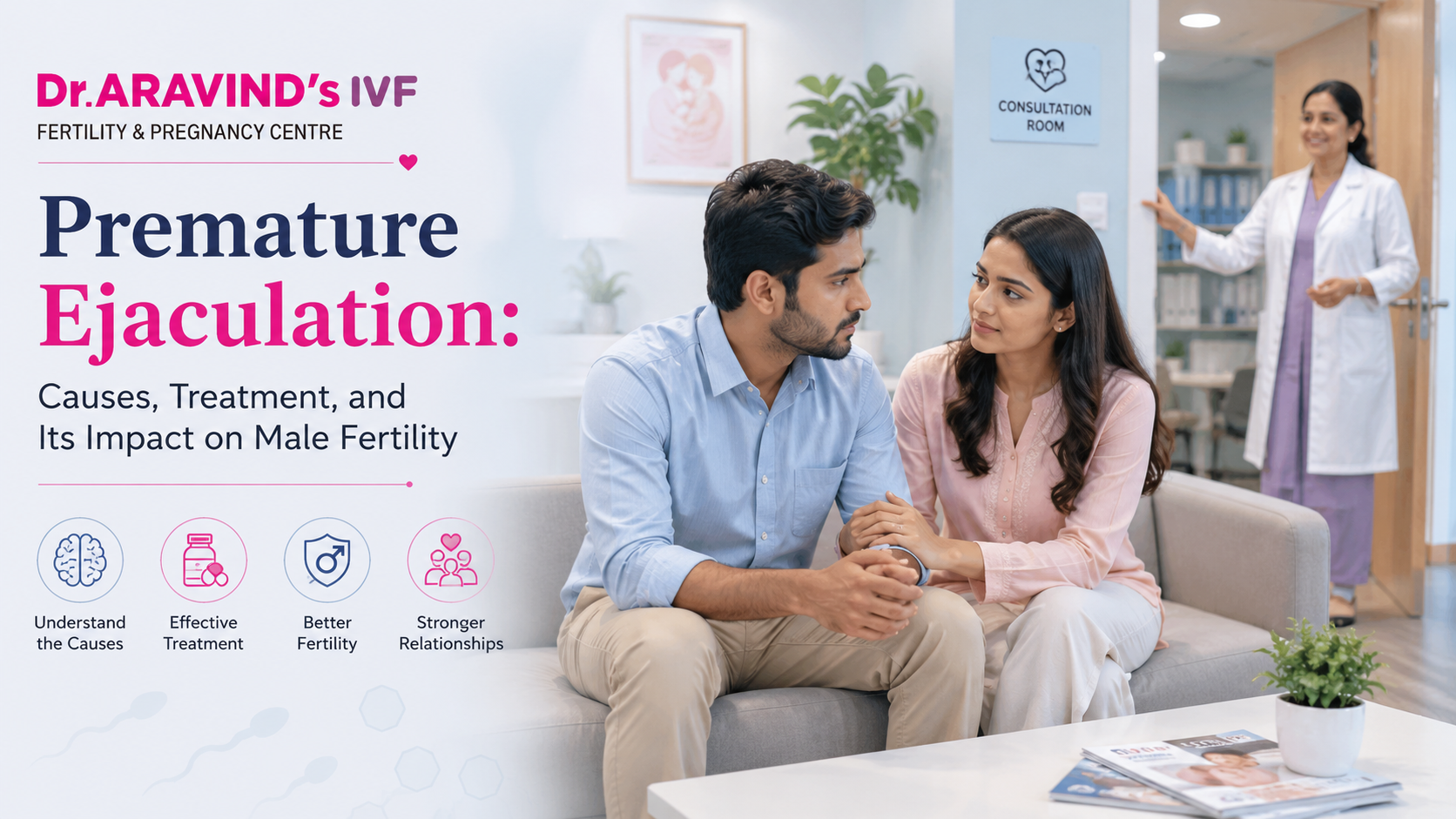 Male fertility specialist consulting a couple about premature ejaculation and fertility treatment at Dr. Aravind's IVF Fertility & Pregnancy Centre.