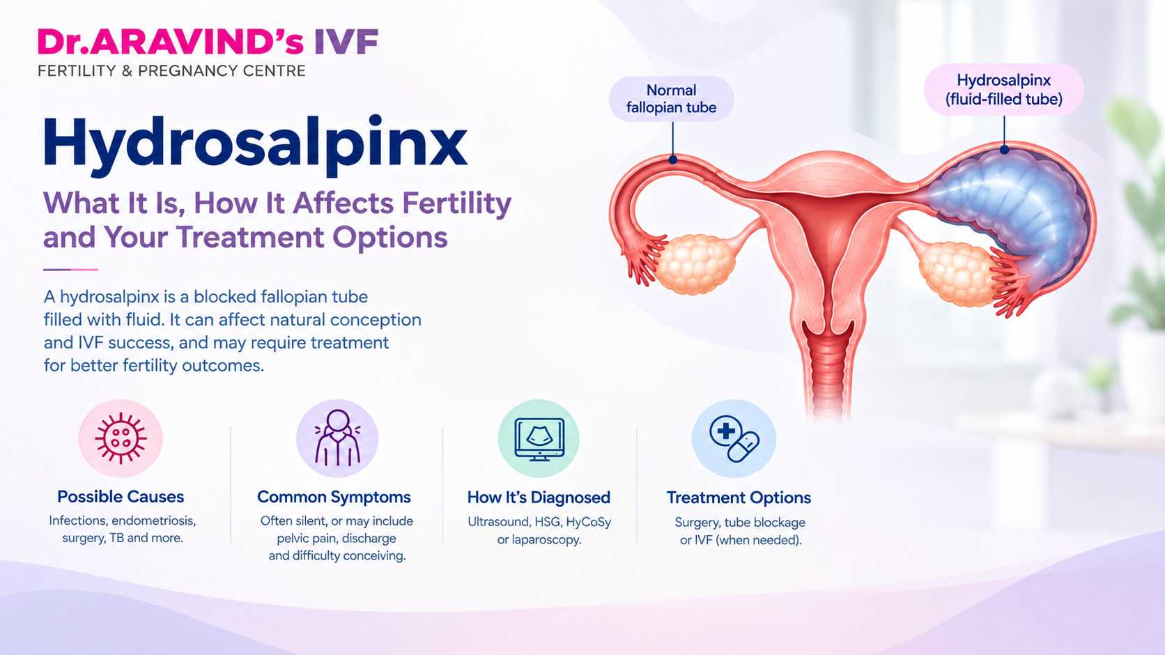 Hydrosalpinx showing a fluid-filled fallopian tube with causes, symptoms, diagnosis and treatment