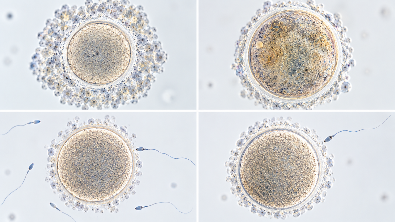 Illustration of M2 mature egg and M1 and GV immature egg stages in an IVF laboratory
