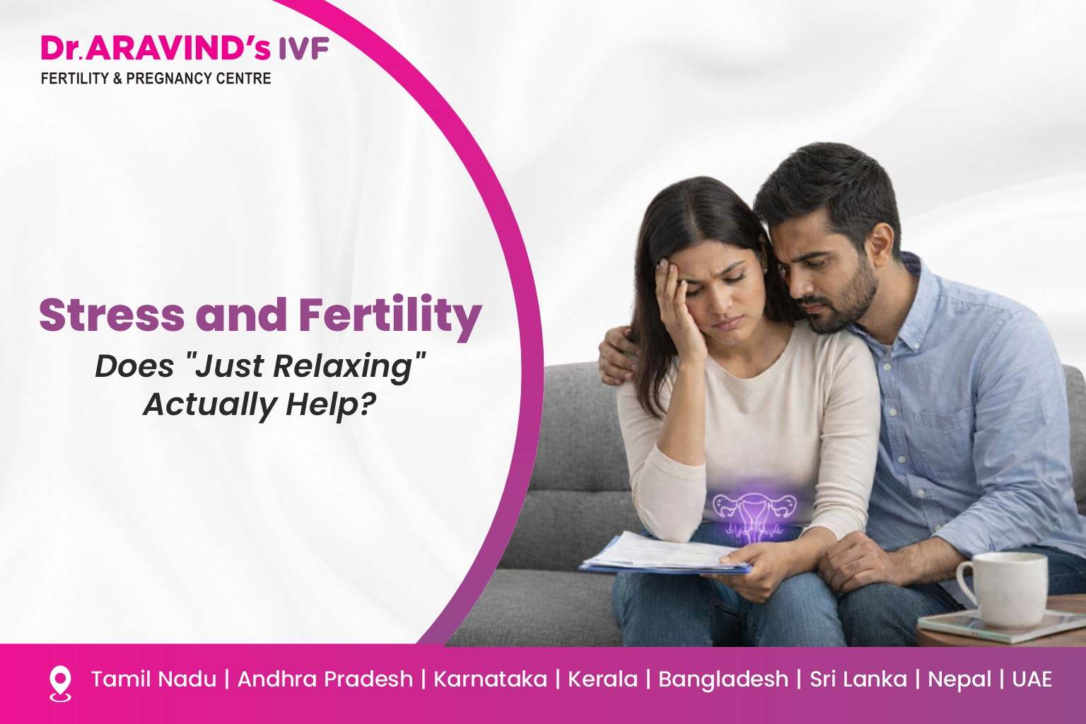 Couple sitting together looking stressed while reviewing fertility reports in a clinic