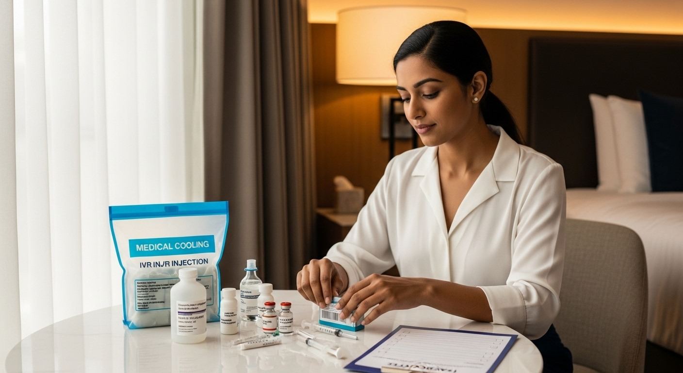 Woman packing IVF injections in a travel medical kit