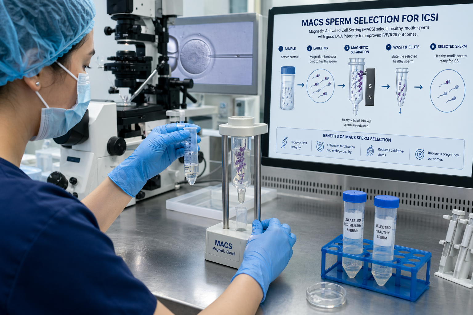 Embryologist performing MACS technique in IVF laboratory for ICSI