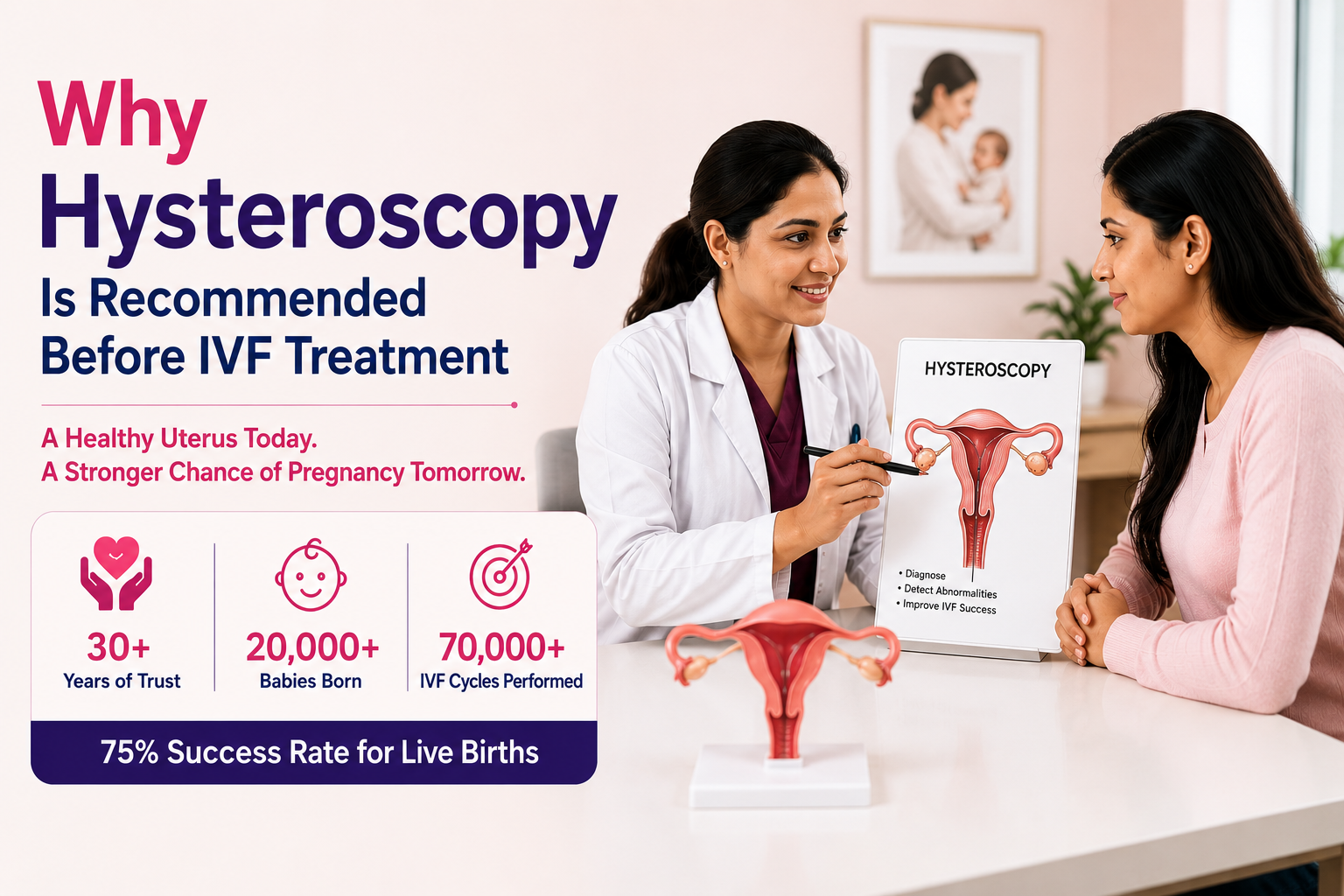 Woman consulting doctor about hysteroscopy before IVF