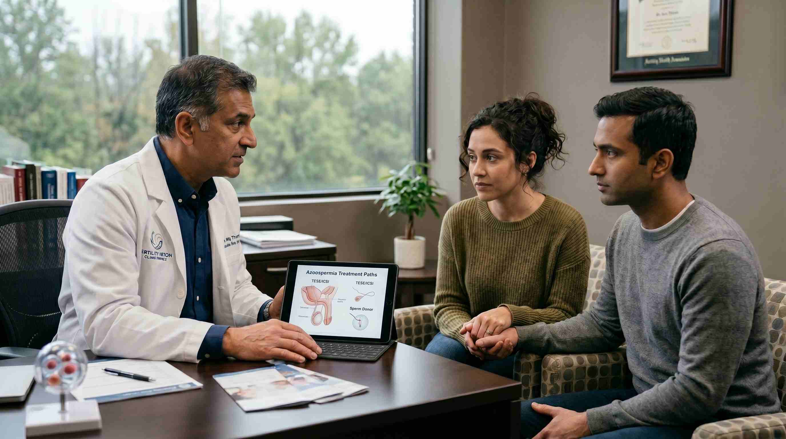 Fertility specialist explaining azoospermia treatment options to a couple
