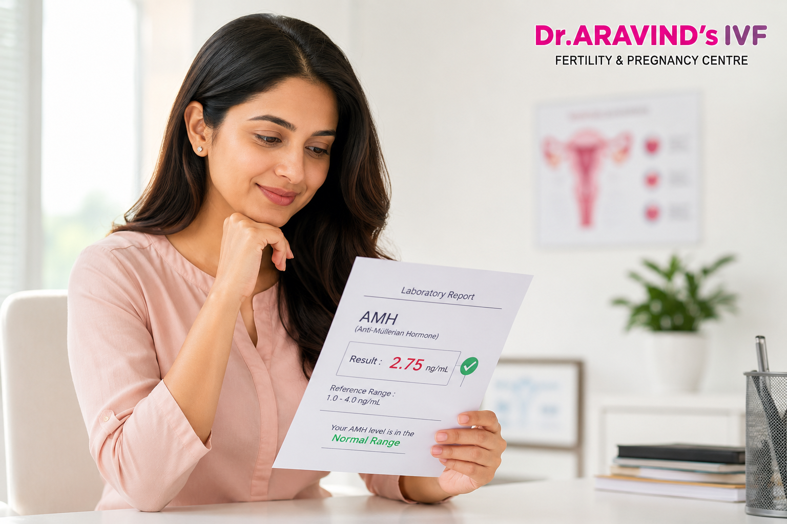 Woman reviewing AMH blood test report at a fertility clinic