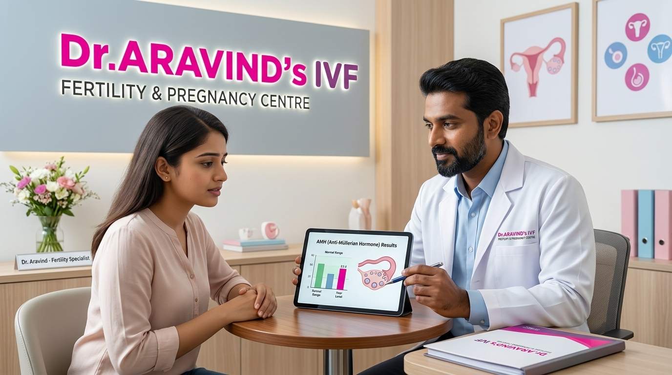 Fertility doctor explaining low AMH levels and pregnancy chances to a patient during consultation at IVF clinic