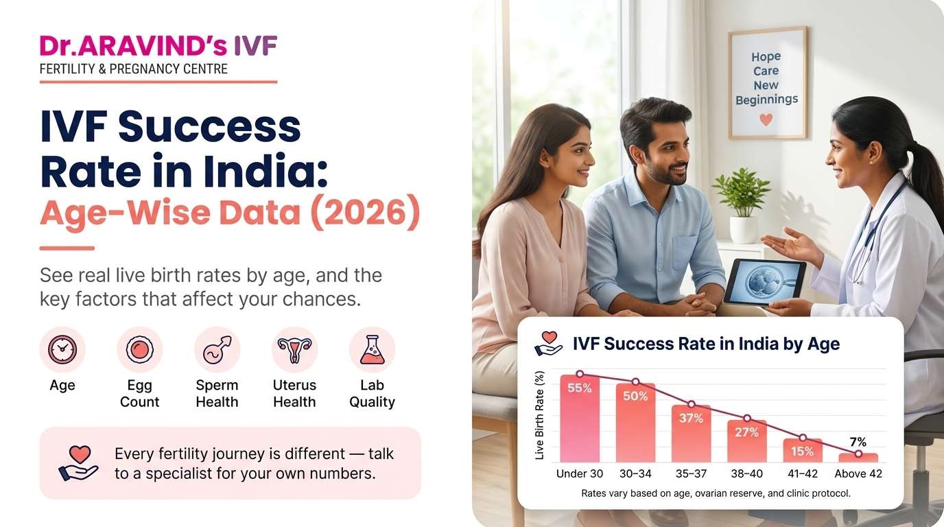 IVF success rate in India by age 2026 — live birth rate chart from 55% under 30 to 7% above 42, with doctor consulting couple