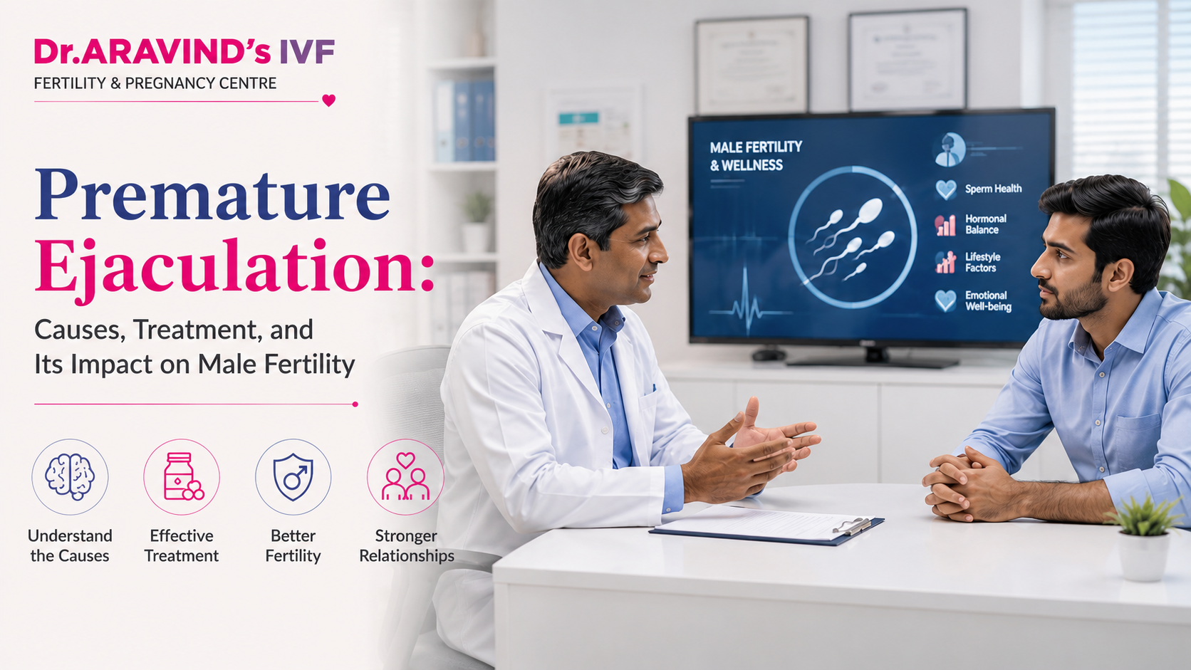 Male fertility specialist consulting a couple about premature ejaculation and fertility treatment at Dr. Aravind's IVF Fertility & Pregnancy Centre.