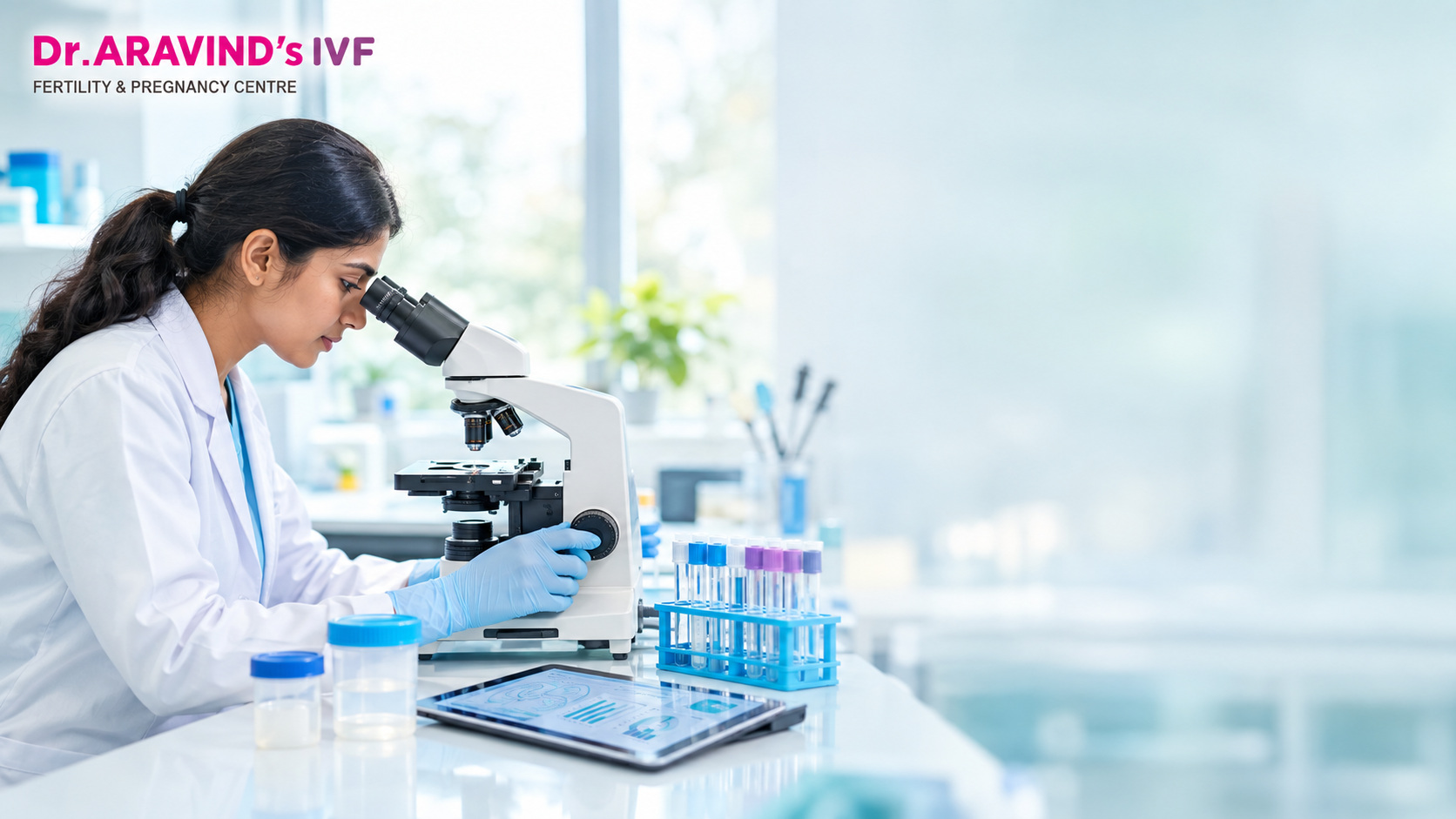 Laboratory technician examining a semen sample under a microscope for a semen analysis