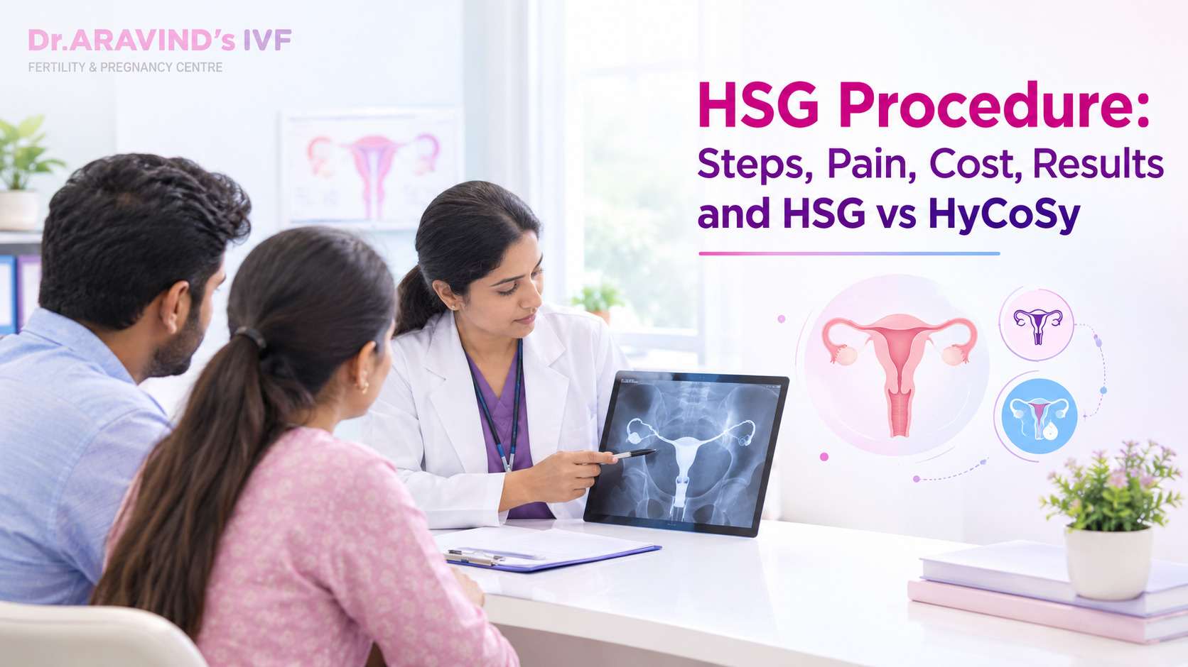 HSG procedure showing uterus and fallopian tubes with HSG X-ray and HyCoSy comparison